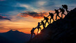 © @foxfotoco - Silhouetted Team Helping Each Other Climb a Mountain Ridge at Sunset