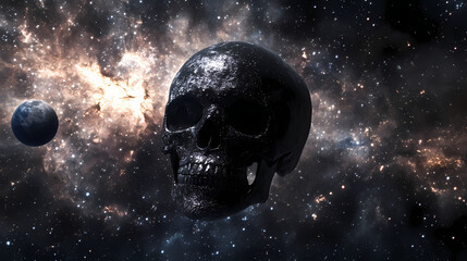 Wall Mural - A black skull floating in a void of stars with a hint of a distant planet in the background, distance, vast, space. Distant Nothingness. Illustration