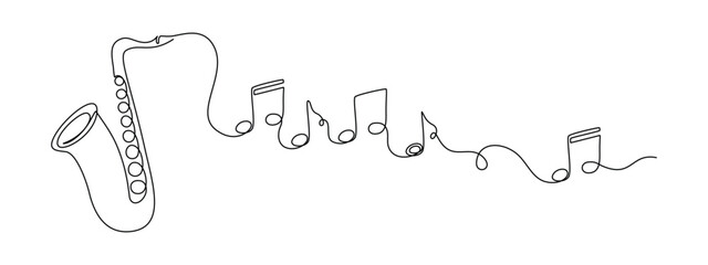 Fototapete - Saxophone with notes in one continuous line drawing. Wind musical instrument for orchestra and jazz concert banner in simple linear style. Editable stroke. Doodle monoline vector illustration