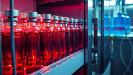 Poster - This Bottles of synthetic blood are illuminated in a lab, showcasing advanced nano medicine research.