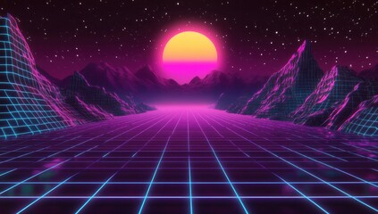 Wall Mural - retro futuristic landscape with glowing grid