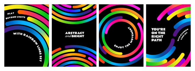 Leinwandbilder - Abstract Gradient Line Patterns on Black Background. Vector Circle Shape Color Geometric Graphics. Rainbow Dynamic Waves and Circular Design Elements.