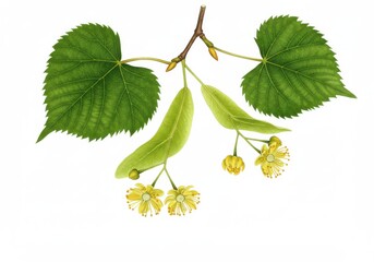 Botanical illustration linden tree branch isolated white background