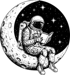 astronaut sitting on a crescent moon and reading book engraving black and white outline