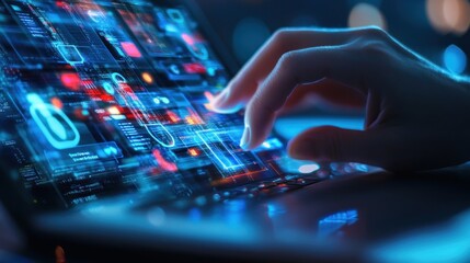 Close-up of hand using a tablet with glowing digital interface.