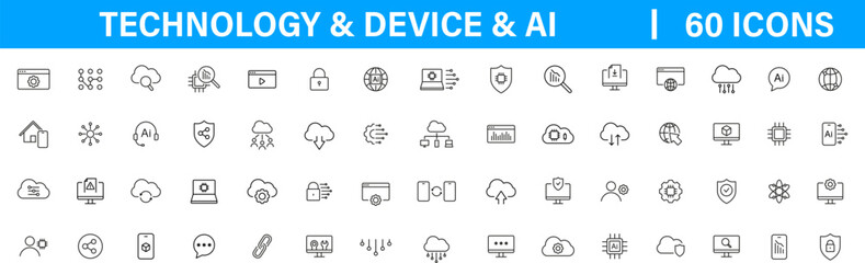 Wall Mural - technology, device ai icons set. ai chip, tech, neural network, artificial intelligence symbols outl