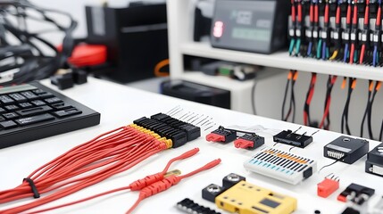 Fototapete - A carefully organized set of high voltage power line connectors and electrical terminals laid out on a clean white surface in an office or technology workspace