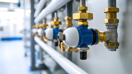 Leinwandbilder - A close up view of a water pressure regulator with brass connectors and valves