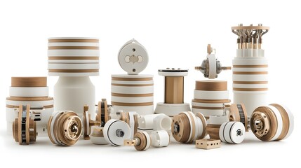 Poster - A collection of various ceramic and porcelain high voltage electrical insulators used in power transmission networks arranged in a studio setting on a white background
