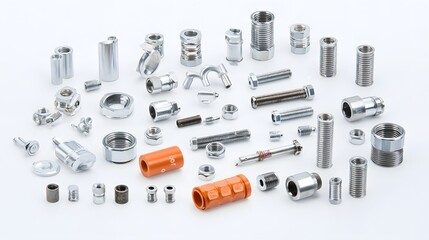 Aufkleber - A diverse collection of metallic threaded pipe nipples connectors and adapters arranged on a plain white backdrop showcasing various sizes and designs for plumbing construction