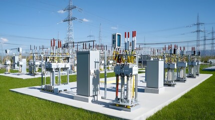 Poster - An expansive electrical power grid with transformers towers and related infrastructure equipment for transmitting and distributing high voltage electricity