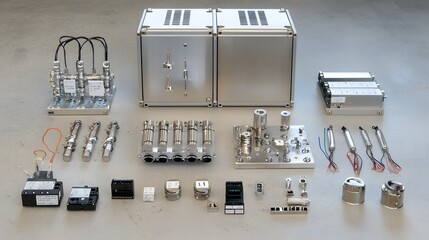 Leinwandbilder - An organized display of various electrical components and devices used in high voltage current transformer systems for power distribution and transmission