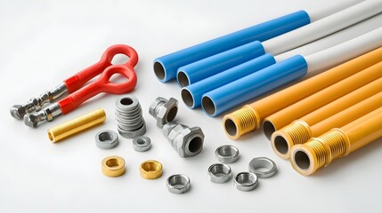 Leinwandbilder - Assortment of PEX pipes crimping rings and other plumbing fittings and tools used for residential construction and repair projects