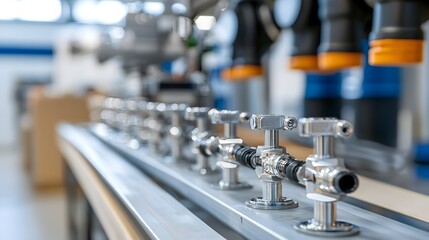 Aufkleber - Close up view of a plumbing manifold with several chrome water outlets and valves used in industrial or commercial settings for water distribution and supply control