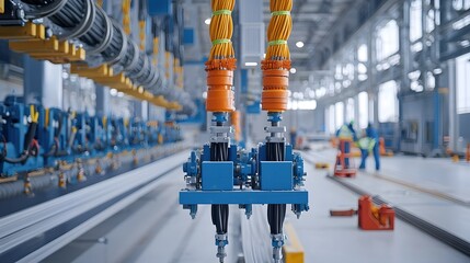 Poster - Closeup view of specialized and equipment used to install and tension high voltage electrical cables within an industrial manufacturing facility or workshop