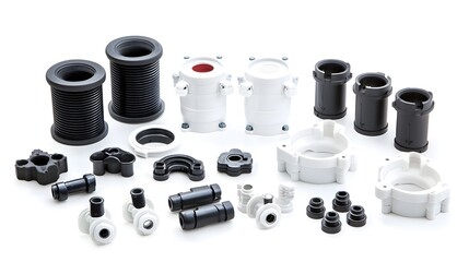 Poster - Collection of various plumbing fittings adapters and flexible pipe connectors used for expansion sealing and connecting different types of pipes and systems
