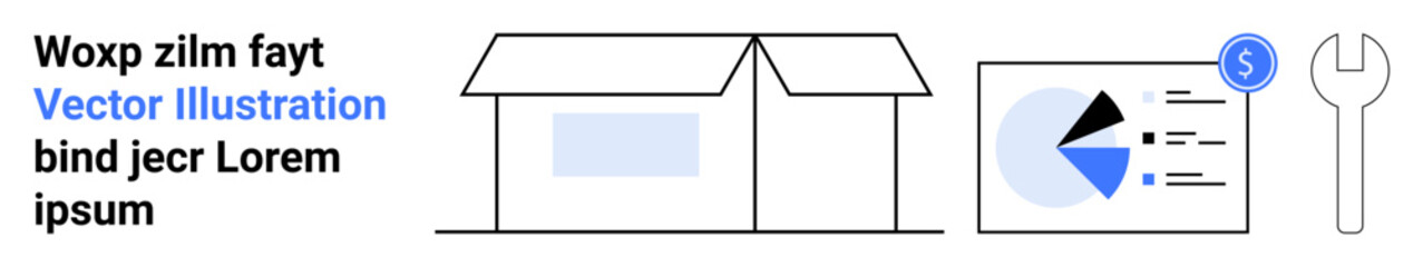 House outline with financial chart and wrench signifying analytics, finance, construction, repairs, and management. Ideal for real estate, property tools, home repair, business analytics