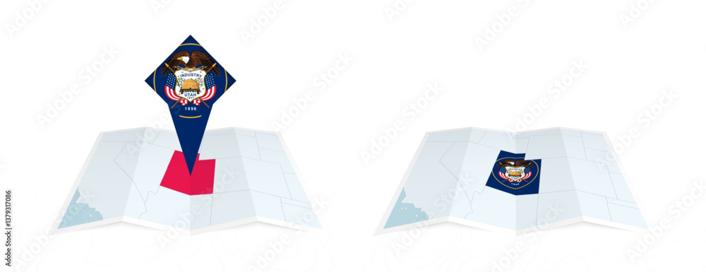 Two versions of an Utah folded map, one with a pinned country flag and ...