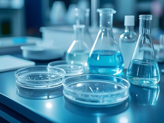 scientific workbench with beakers and petri dishes, soft focus, light blue ambience, abstract lab ba