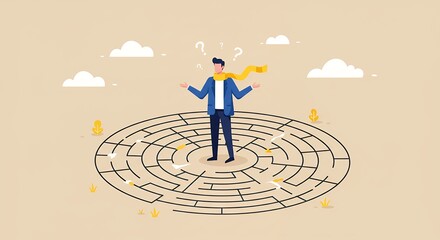 Confused man standing in a maze unsure of his direction and choices