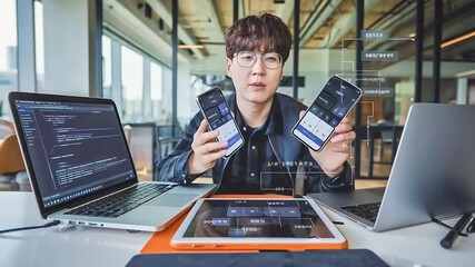 Software developer compares mobile app interfaces on two phones surrounded by laptops and tablet tech