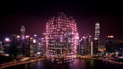 Digital face composed of binary codes and illuminated city skyline in background