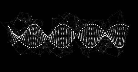 Canvas Print - abstract digital dna helix with connecting nodes and lines on black background