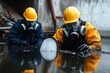 © Monika - Environmental Engineers Inspecting Oil Spill Safety with Gas Masks in Industrial Warehouse for Crisis Cleanup and Hazardous Material Management
