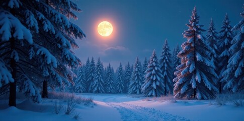 Wall Mural - Softly glowing moonlight falls on a serene winter forest, snow-covered, forest, trees