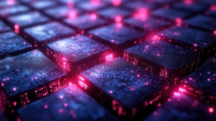 Futuristic Abstract Digital Art of Big Data Concept in Glowing Blocks with Binary Code Patterns and 3D Rendering