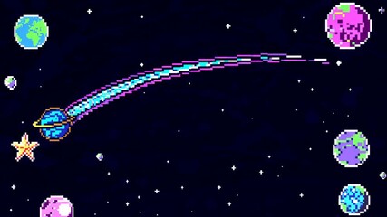 Wall Mural - Pixel art video style of a comet streaking through space, surrounded by colorful planets. Top-down angle captures the retro cosmic scene. Live desktop wallpaper.