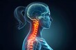 © Samoresh - A medically accurate X-ray-style digital rendering of a female figure in profile view, showing the skeletal structure with a focus on the cervical spine