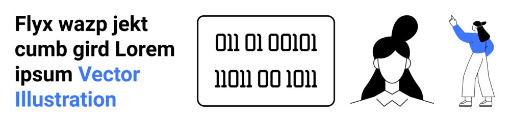 Text alongside numerical binary code and stylized female figures, combining digital and human themes. Ideal for digital interface, communication, tech identity, online profile, data analytics