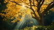 © BerkahStock - Sunbeams illuminate a vibrant yellow tree in a lush forest.