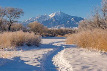 Wall Mural - snowy path leads to a majestic mountain peak under a clear blue sky.