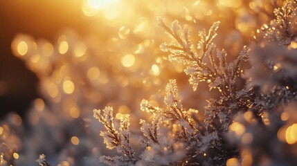 Wall Mural - frosty branches glowing in golden sunset light.