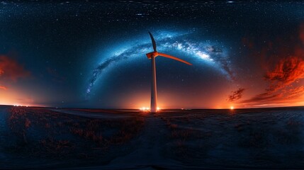Wall Mural - 360° night panorama of a wind turbine under a vibrant milky way galaxy.