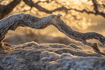 Wall Mural - frosty winter branch arching over sunlit rocks.