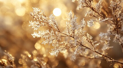 Wall Mural - frosty branch with bokeh background at sunrise.