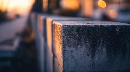 Wall Mural - close-up of a weathered concrete block wall at sunset.