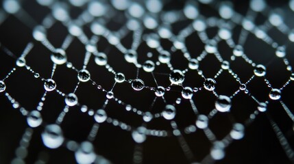 Dewdrops on spiderweb, intricate network of water droplets clinging to threads of a spiderweb against a dark background.