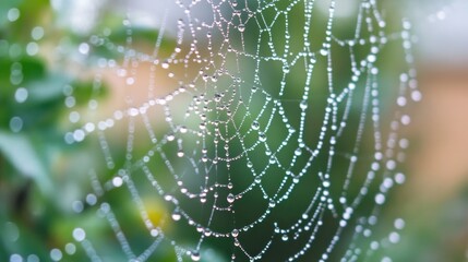 Dew-kissed spiderweb intricate design, nature's artistry.