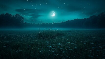 Wall Mural - magical moonlit night scene over misty field with glowing flowers.