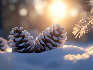 Wall Mural - two snow-covered pine cones in winter sunlight.