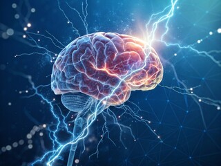 Wall Mural - human brain floating in the dark sky with glowing fractal patterns and jellyfish-like energy in a su