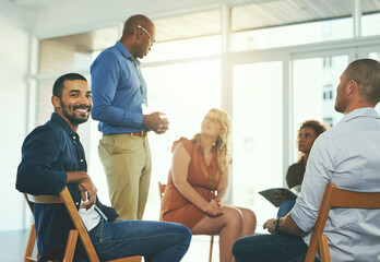 Poster - Office, startup and portrait of business man with staff for workshop, training and team building. Creative agency, meeting and happy worker for planning, collaboration and feedback in presentation