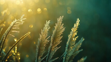 Wall Mural - frosty grass illuminated by golden sunlight.