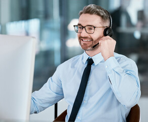 Poster - Customer service, call center and man on computer in office for talking, online help and sales consulting. Corporate, telemarketing and person with headset for contact, crm support and communication