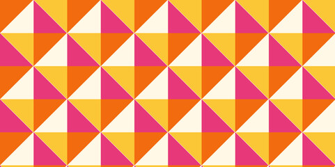 seamless geometric pattern red and yellow color fabric. closeup square mosaic wall tiles vintage triangle cubic texture design.	
