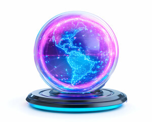 futuristic glowing glass orb displaying a digital world map